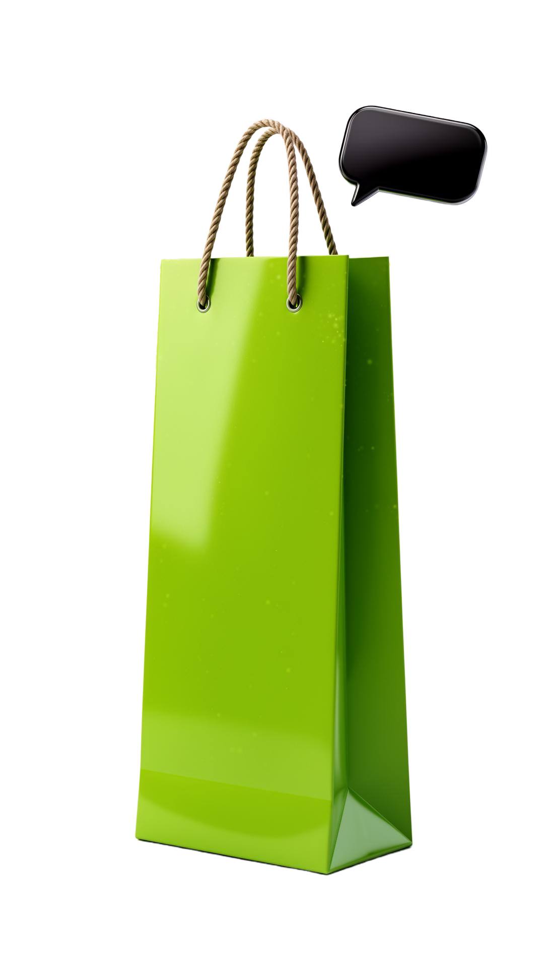 Glossy 3D black chat bubble pulling a lime shopping bag back from the customer